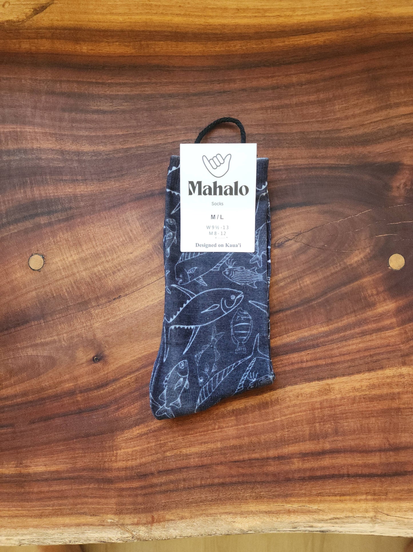 Black Ahi Socks- Hawaiian Print- M/L