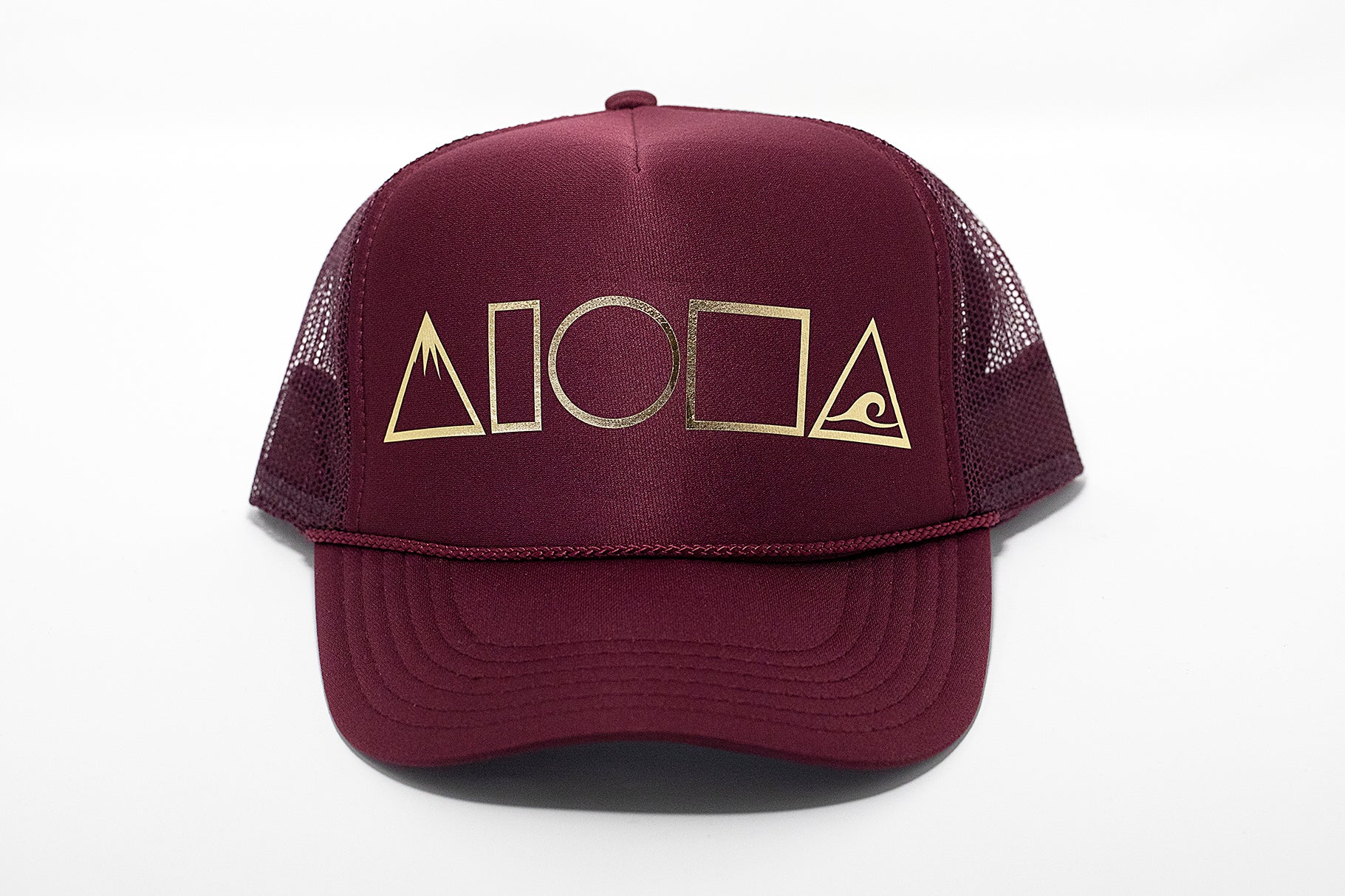 Maroon adult foam trucker hat printed with metallic gold Mauka to Makai Aloha Shapes logo