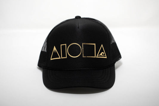 Black Adult trucker hat foil printed in Maui with MAuka to Makai aloha shapes logo on front